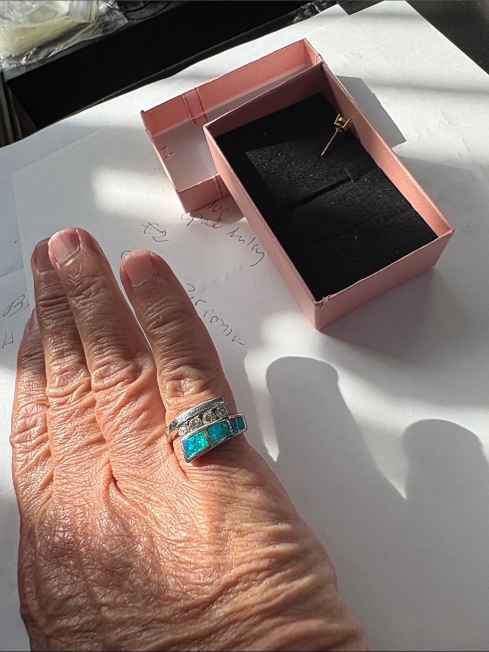 Vintage 925 Sterling Ring with Green/Blue Opal Inlay and Cubic Zirconia Ring - Picture 5 of 7